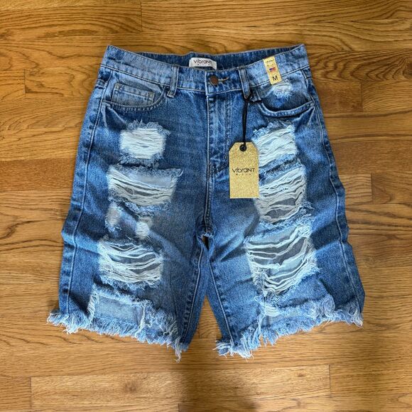 Vibrant Miu Fringed Denim Shorts Size M  NWT Distressed - Picture 1 of 5